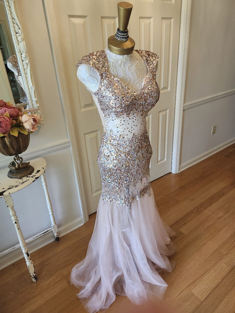 Alyce Paris Rose Gold Sequin Mermaid Open Back Pageant Prom Gown 2010s Size 4 - Picture 8 of 8